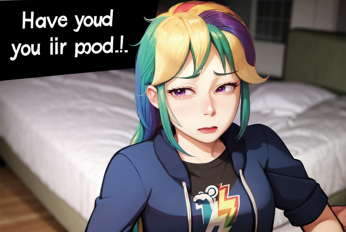 03278-3723633772-(masterpiece, best quality_1.2), solo, 1girl,(mlpdash_1.3), IncrsLimmyWakingUpMeme, rainbow hair, purple eyes, shirt, _lora_mlp_.png